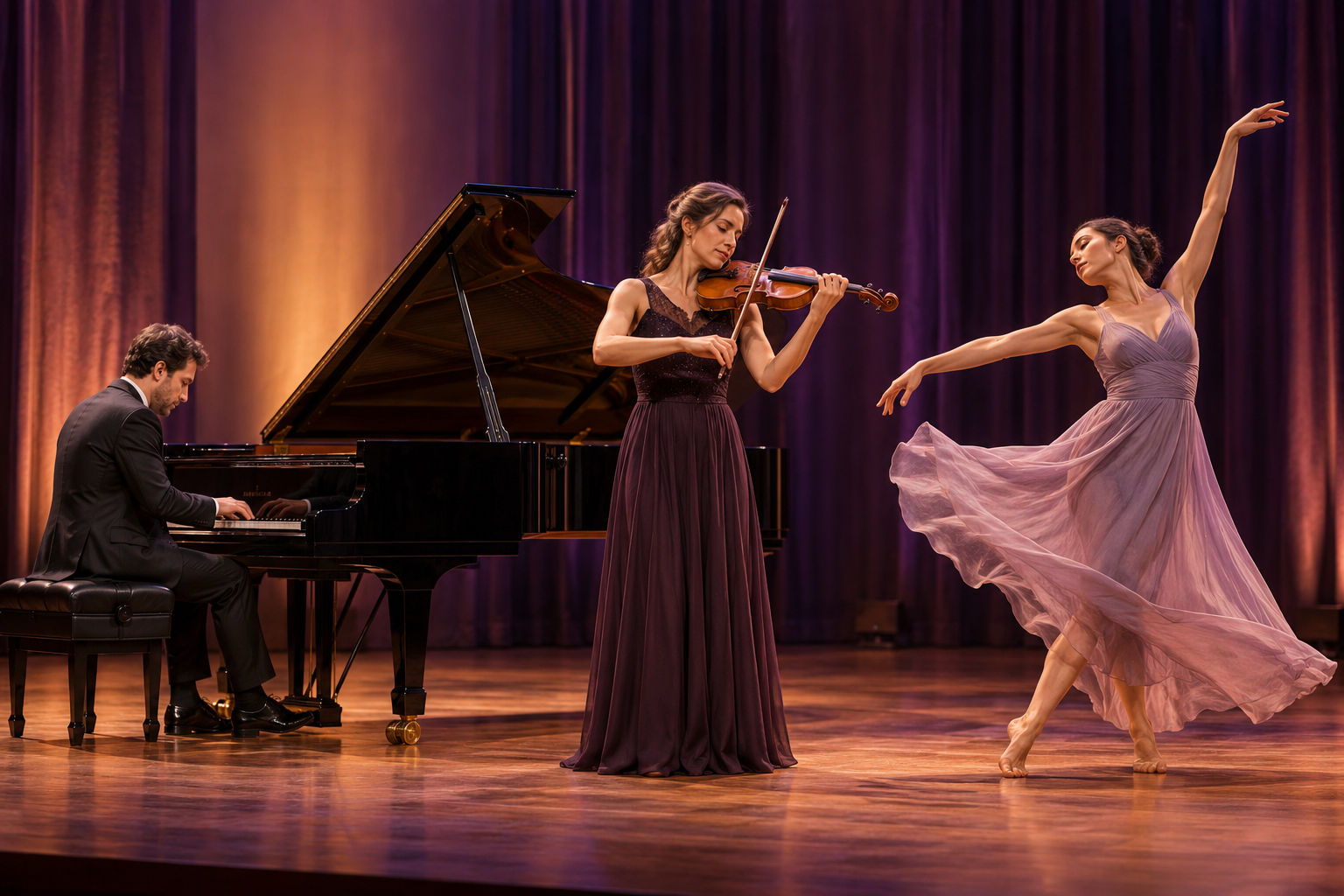 Illustration: Klavier, Violine und Tanz auf einer Bühne